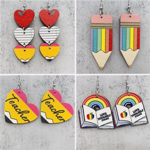 5 Pairs Colorful Back to School Teacher Earrings for Women Fun Earrings Playful - Picture 2 of 6